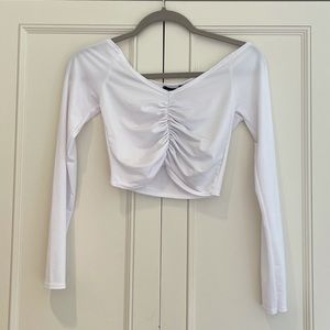 White Pretty Little Thing Ruched Crop Top.
